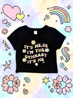 GK Elite Girls Tee Cropped Black Retro Flowers Child Large
